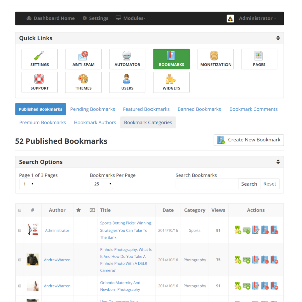 Bookmarks Management Section