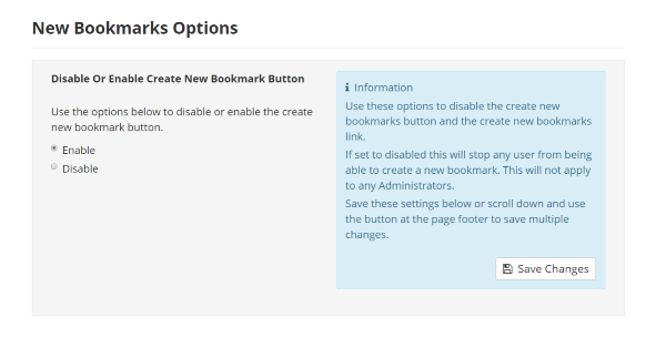 Bookmarks Settings New Bookmark Options