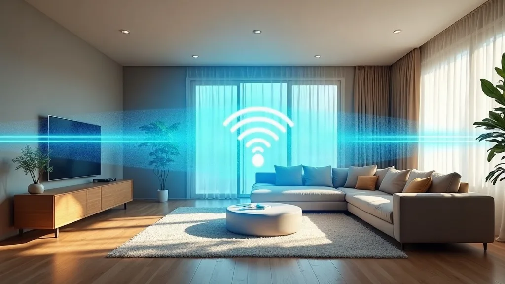 A split-screen photograph showing the same modern living room from two angles. On the left, a Wi-Fi signal radiates outward in soft blue waves, penetrating through visible walls and obstacles to fill 