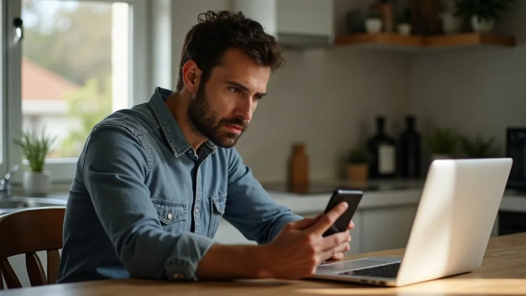 A person sitting at a kitchen table with a laptop and router in front of them, holding a smartphone while looking thoughtfully at the router with a slight frown. Natural daylight streams through a win