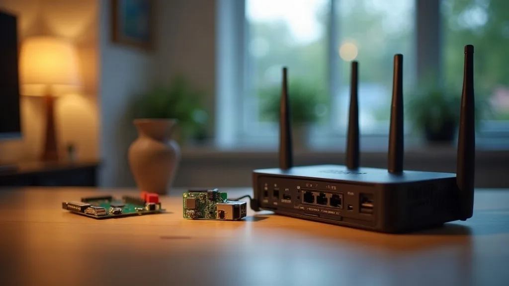 A home office desk with a small Raspberry Pi, a compact mini PC, and a modern router arranged side by side, each softly illuminated by warm desk lighting against a blurred suburban home interior backg