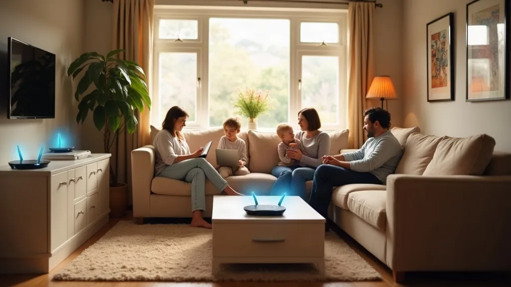 A modern living room in a UK home with a family using a laptop and smartphone, multiple mesh router units visible on shelves and side tables throughout the room, warm natural daylight from a window cr