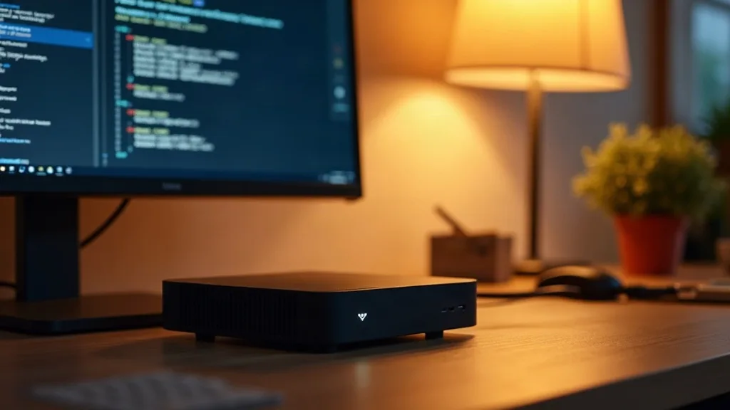 A compact, modern mini PC sits on a wooden desk in a home office, surrounded by small networking cables and a single monitor displaying code or system diagnostics. Warm desk lamp lighting creates soft