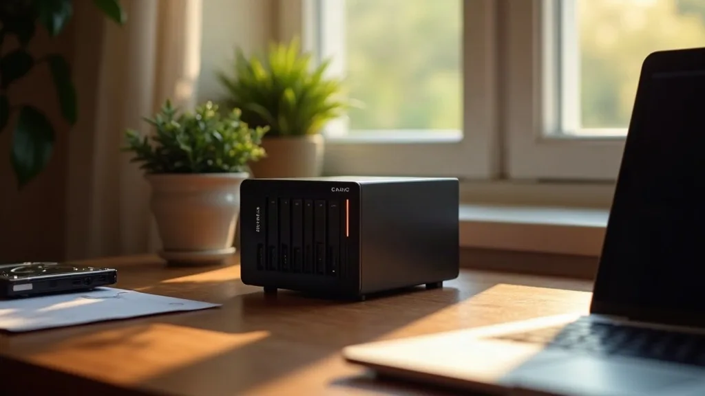 A warm-lit home office showing a compact NAS device with LED indicators glowing softly on a wooden desk, surrounded by a laptop and external hard drives, with soft window light casting gentle shadows 