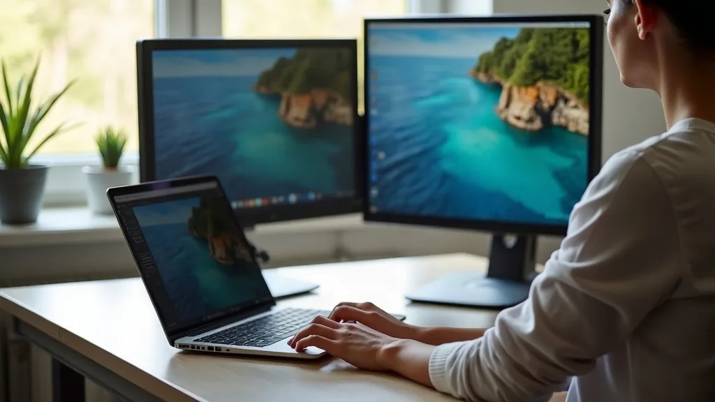 A person using a laptop at a home desk with a second monitor displaying a different desktop environment, shown in soft natural daylight from a nearby window, conveying ease of access and control with 