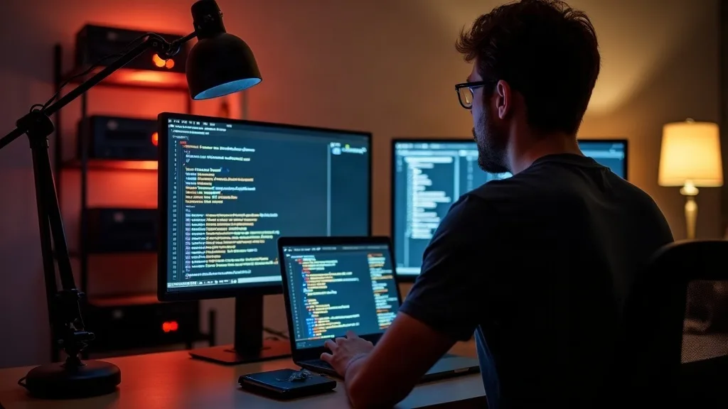 A person sits at a modern desk in a home office, working on a laptop while a second monitor displays a terminal window and system dashboard. Warm desk lamp lighting casts a soft glow across the worksp