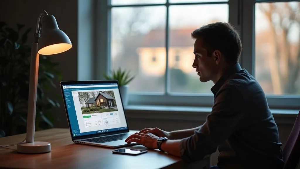 A person sitting at a desk with a laptop, viewing their home security camera feed or smart home dashboard on the screen, with a window showing a distant house visible outside. The office is softly lit
