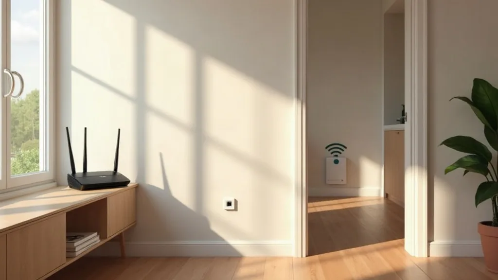 A modern living room with a router sitting on a shelf near a window, and a Wi-Fi extender placed in a doorway between rooms. Soft natural daylight streams through the window, creating warm shadows acr