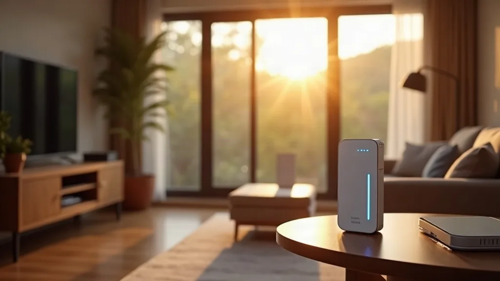 A modern living room with a router on a shelf and a Wi-Fi extender pod positioned in the middle distance on a side table, both subtly glowing with soft blue indicator lights. Sunlight streams through 