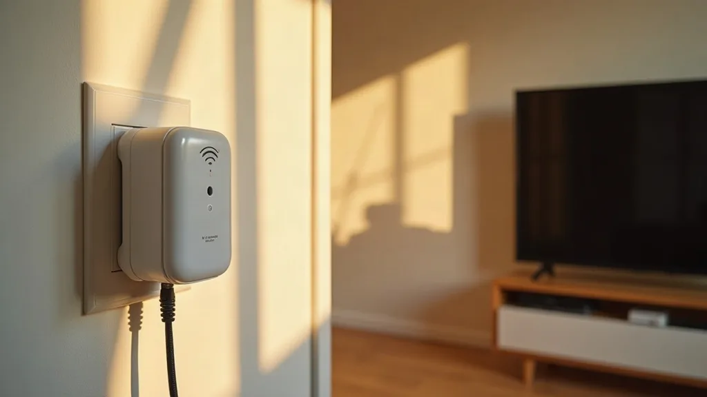 A modern living room with a Wi-Fi extender mounted on a wall outlet between a router in the background and a smart TV in the foreground, with an ethernet cable visibly connected to the back of the ext