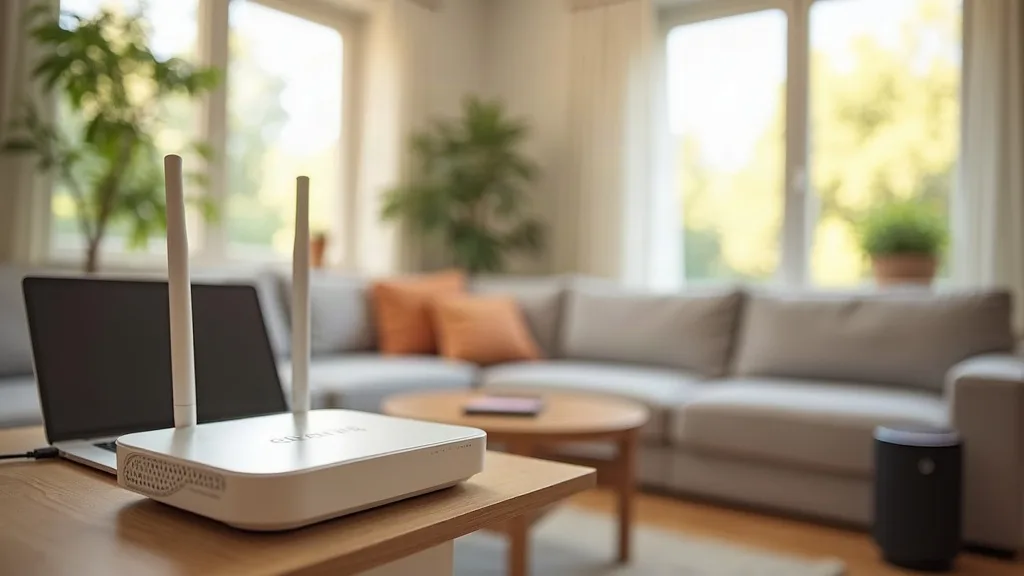 A modern Wi-Fi router positioned on a shelf in a bright, contemporary living room with natural daylight streaming through windows, surrounded by a mix of home devices like a laptop, smartphone and sma