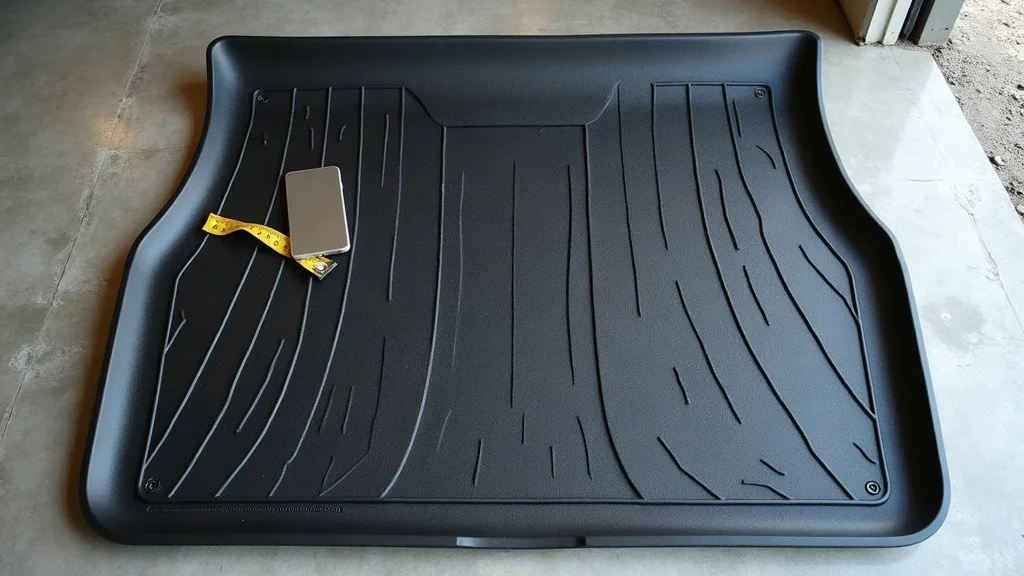 A close-up overhead view of a black rubber car floor mat laid flat on a light grey concrete garage floor, with natural daylight streaming in from the side. The mat shows clear texture and stitching de