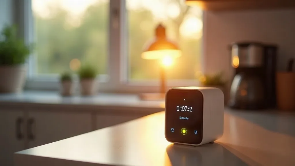 A smart plug with a glowing indicator light sits on a kitchen worktop next to a table lamp and coffee maker, all in soft morning sunlight streaming through a nearby window. The plug's screen shows a s