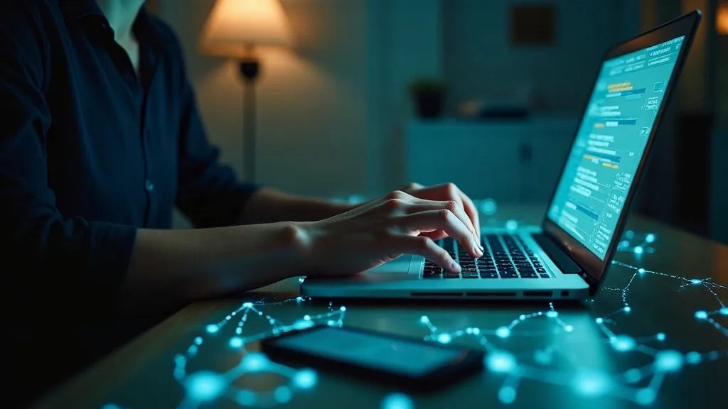 A person working at a desk with a laptop, with a smartphone and tablet arranged nearby, all connected by faint glowing lines of light forming a secure network pattern. Warm office lighting with a soft