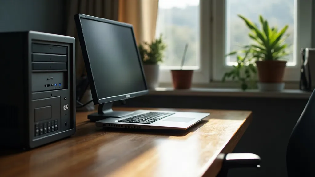 A desktop computer with its case open sits on a wooden desk in a home office, with a small server rack or router visible nearby. Soft daylight streams through a window behind it, casting gentle shadow