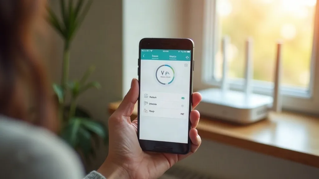 A person's hand holding a smartphone displaying a router control app interface, with a home Wi-Fi router visible slightly blurred in the background on a shelf. The scene is lit with warm, natural dayl