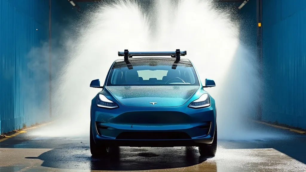 A Tesla Model Y with a roof rack driving toward an automatic car wash tunnel on a bright, sunny day. The vehicle is positioned head-on to the camera, with the blue tunnel entrance visible ahead and wa