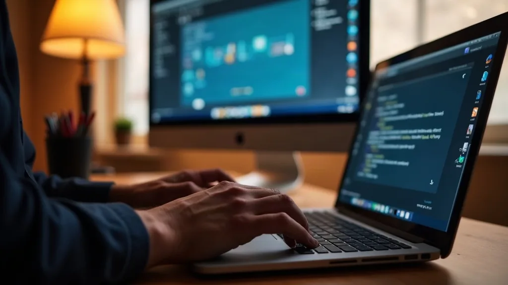 A person's hands at a laptop keyboard in a home office, with a second monitor displaying a different desktop or application in the background, softly lit by warm desk lamp and natural window light, su