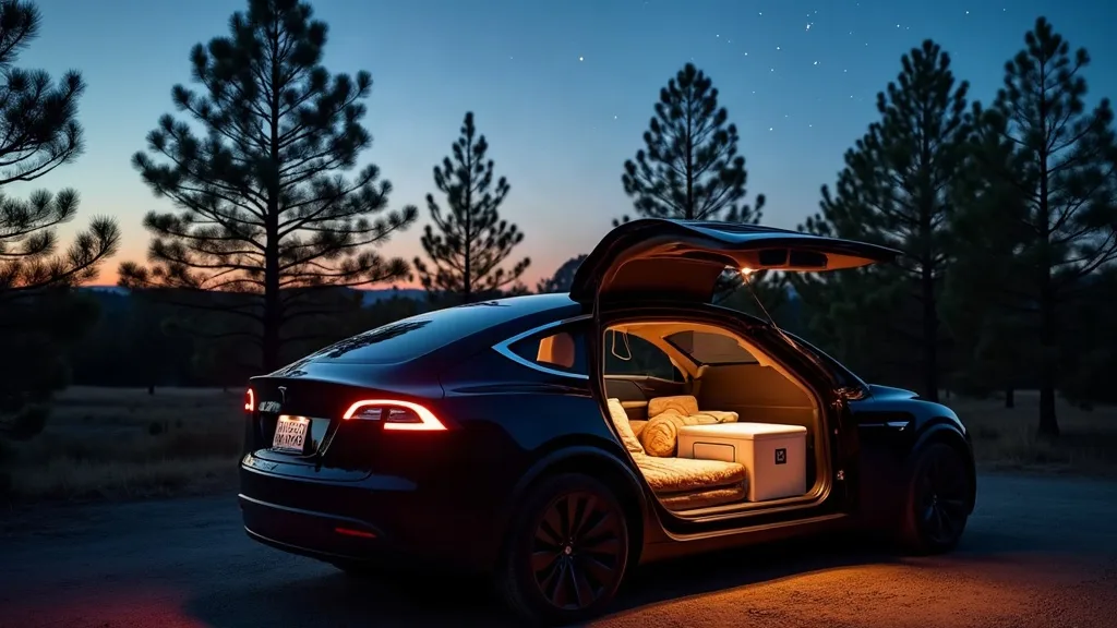 A Tesla Model Y photographed at dusk in a campground, viewed from the side with the rear hatch open to reveal a cosy interior setup: a camping mattress, soft warm lighting from an interior lamp, and a