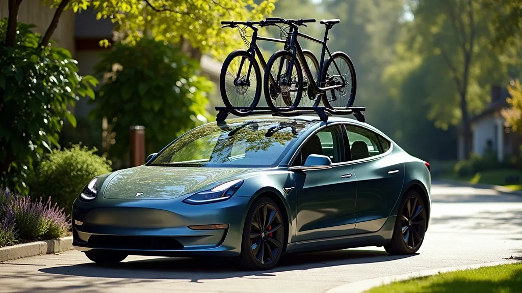 A sleek Tesla Model Y parked outdoors in daylight, viewed from a three-quarter angle, with two bicycles secured on a roof rack above the glass panel. The scene shows clear detail of how the bikes are 