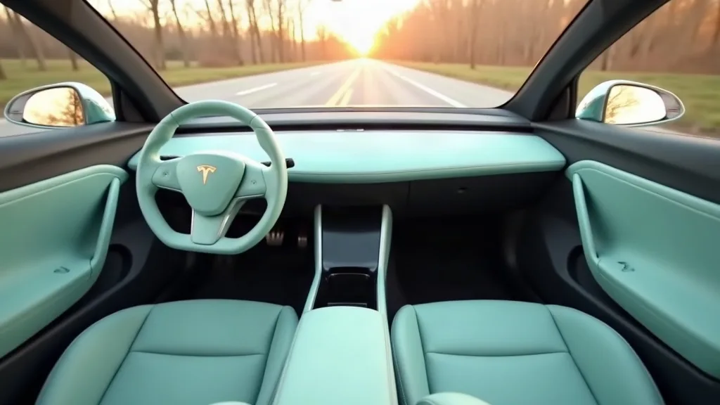 A modern white Tesla Model Y interior photographed from the driver's seat, featuring a soft pastel blue console wrap, a matching steering wheel cover, and sage green seatbelt pads that coordinate thou