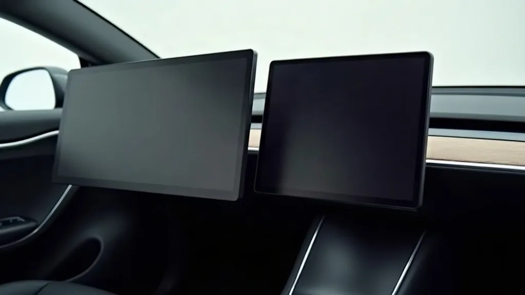 A close-up photograph of two different Tesla touchscreen displays side by side, one from a Model 3 and one from a Model Y, showing their distinct screen sizes and bezel shapes under bright, even studi