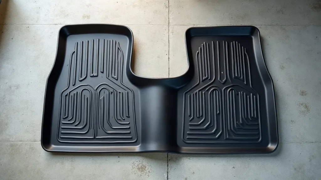 A pair of black rubber car floor mats laid flat on a light grey concrete garage floor, photographed from above. Soft natural daylight streams across the scene, casting subtle shadows that highlight th