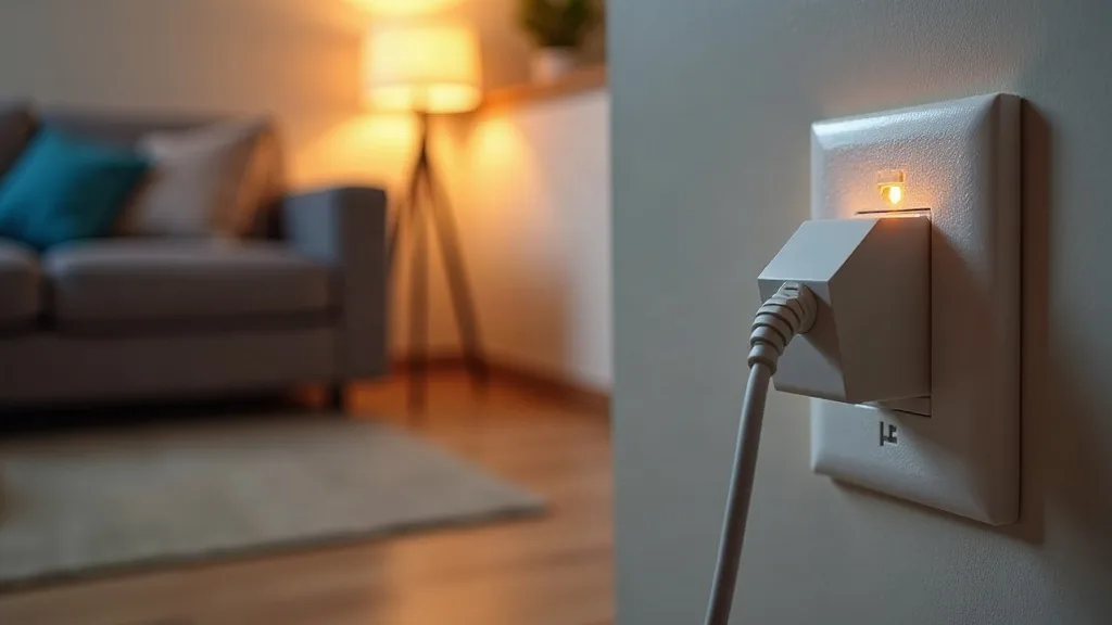 A powerline adapter plugged into a wall socket in a modern living room, with a faint glowing circuit pattern running through the electrical outlet and along the wall to show data flowing through the w