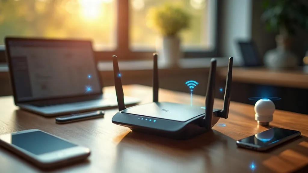 A home Wi-Fi router surrounded by multiple smart devices (smartphone, tablet, smart speaker, smart light bulbs, security camera, smartwatch) all connected with subtle glowing lines, set on a wooden de