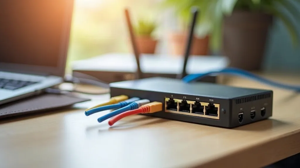 A close-up photograph of a small network switch with several Ethernet cables connected to its ports, sitting on a clean wooden desk next to a laptop and wireless router in soft, warm natural daylight.