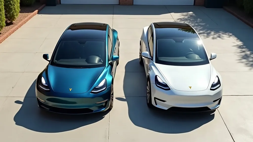 A side-by-side comparison of a Tesla Model 3 and Tesla Model Y parked outdoors on a sunny day, showing their distinctly different roofline shapes and heights. The afternoon sunlight casts clear shadow