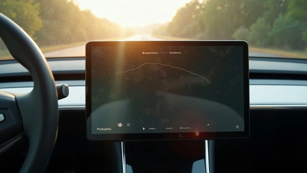 A close-up of a Tesla Model Y centre touchscreen displaying the dashboard interface, with afternoon sunlight streaming through the windscreen creating visible glare and reflections across the glass. T