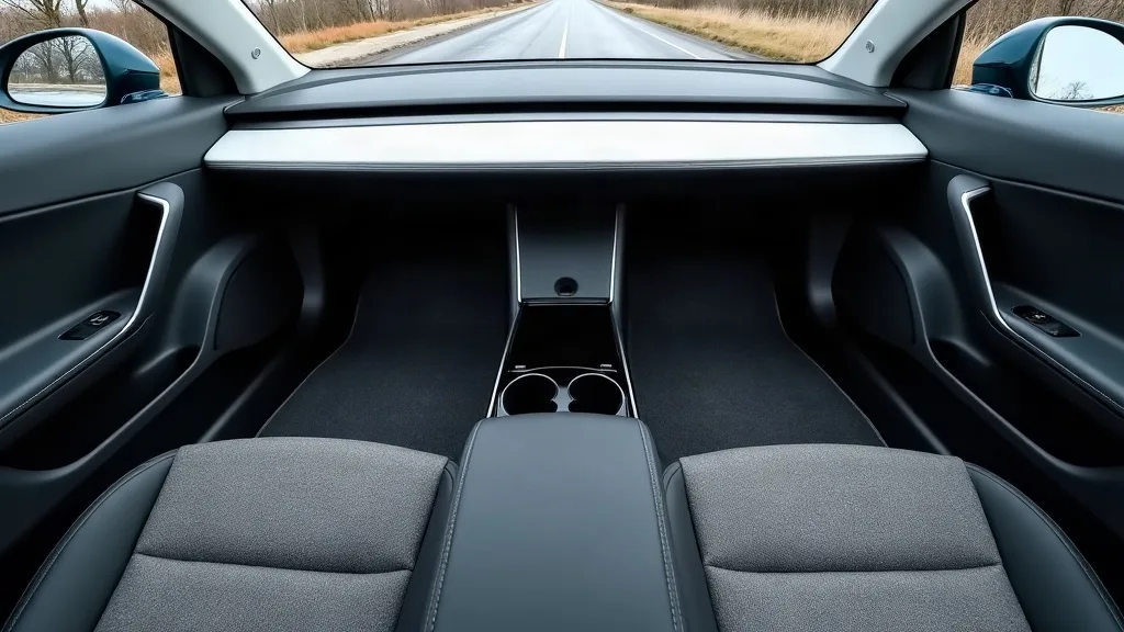 A Tesla Model Y interior photographed from the front passenger seat, showing the driver's side floor area with weather-resistant rubber mats visibly contrasting against carpeted sections. Irish winter