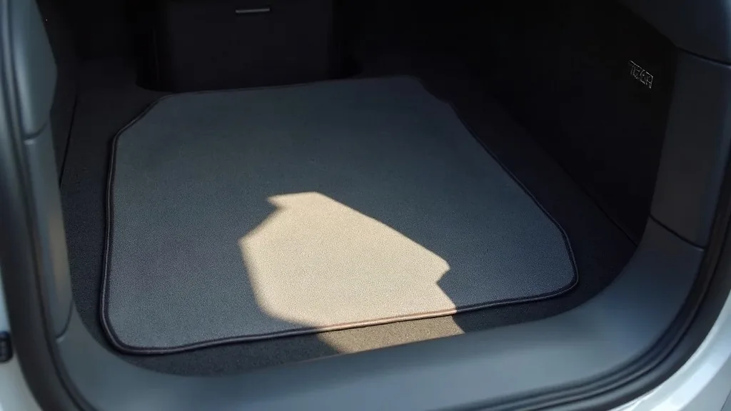 A close-up photograph of a grey Tesla Model Y footwell showing a fitted floor mat in place, with natural daylight streaming through the car window casting soft shadows across the mat's surface. The im