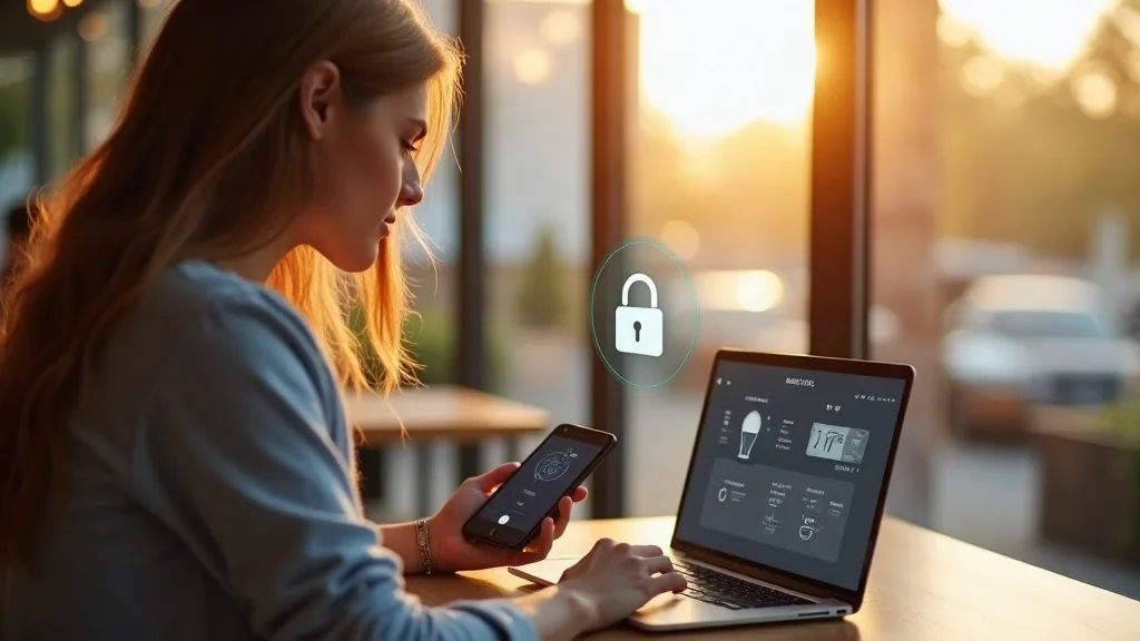 A person sitting at a café table with a laptop, checking their phone which displays a smart home dashboard with lights and temperature controls, while a padlock icon subtly overlays the scene. Warm na