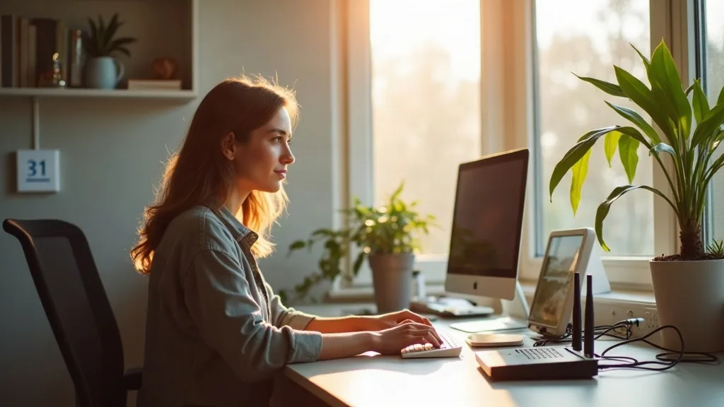 A person in casual home clothing sits at a desk in a bright, modern home office, surrounded by small networking equipment like a compact router, a mini PC, and a few ethernet cables neatly organised. 