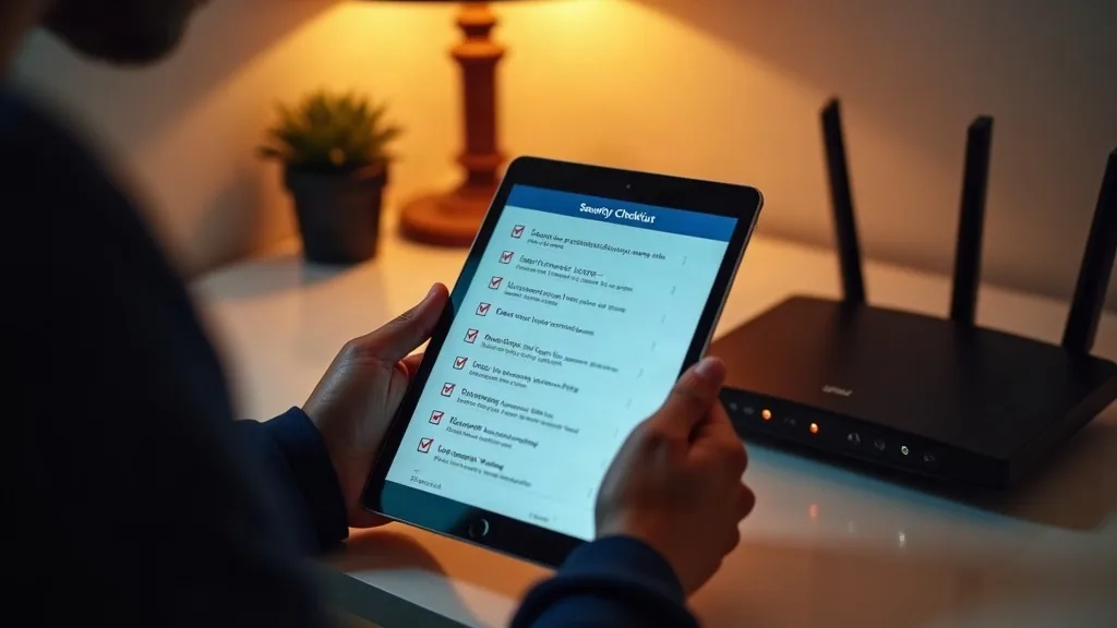 A close-up of a person's hands holding a tablet displaying a security checklist, sitting at a home desk with a router visible in the soft background. Warm, ambient lighting from a desk lamp creates a 