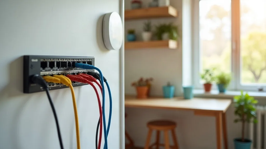 A neatly organised network rack or wall-mounted patch panel in a bright, modern home office or utility room, showing colour-coded ethernet cables plugged into ports, with a wireless access point mount