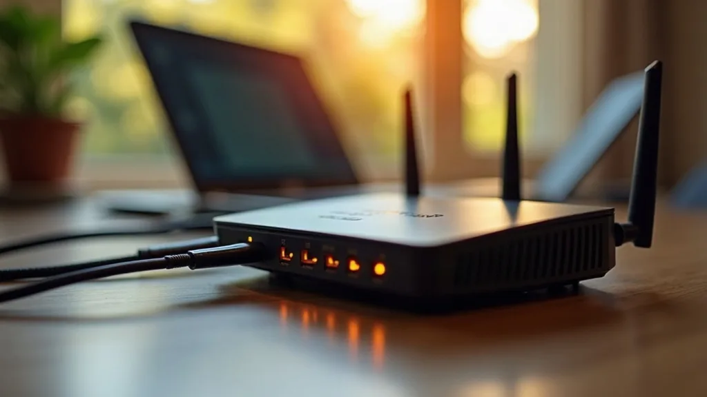 A close-up of a home router with status lights glowing softly on a wooden desk, surrounded by blurred cables and a laptop in the background. Warm, natural daylight from a window illuminates the scene,