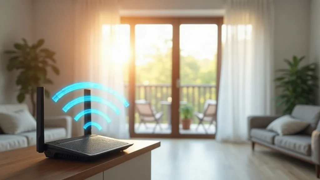 A Wi-Fi router sitting on a shelf in a bright, modern living room with sunlight streaming through a window, its signal waves shown as subtle, translucent blue rings expanding outward but visibly fadin