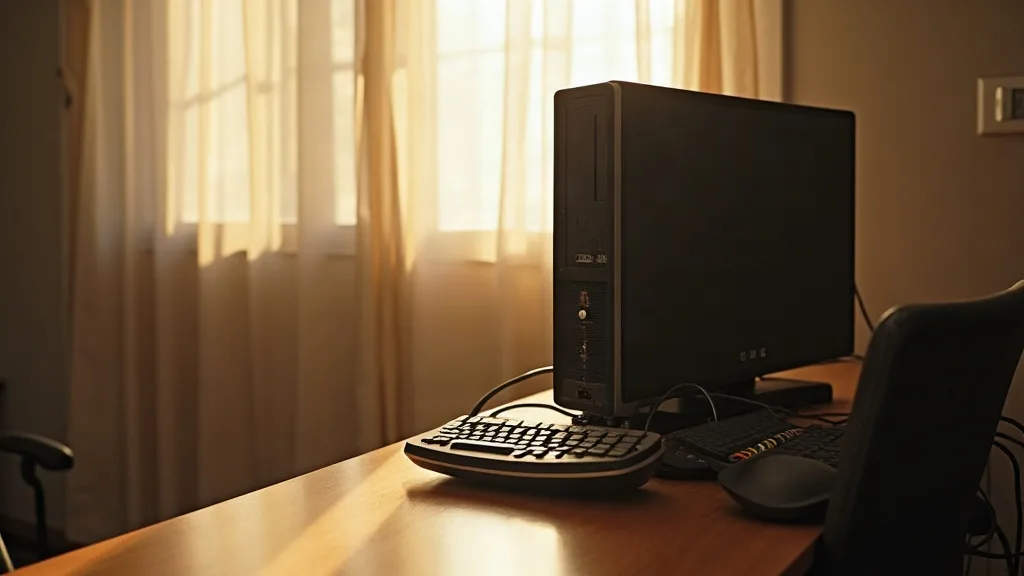 A small home office desk with a modest tower computer, router, and network cables arranged neatly, bathed in warm afternoon sunlight from a nearby window. The scene includes a wall outlet and electric