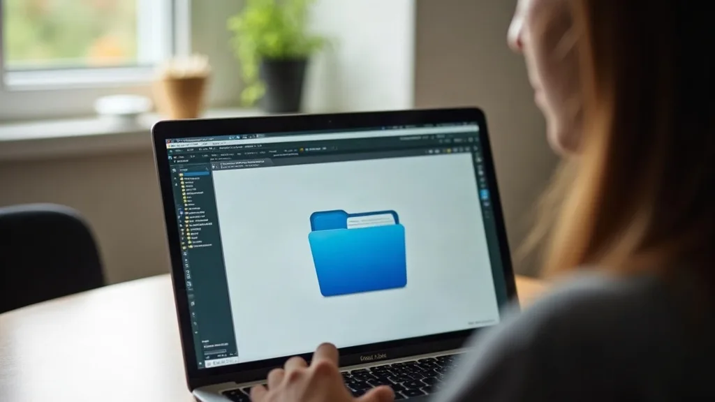 A person sitting at a desk at home, looking at a laptop screen that displays a folder icon or file manager interface, with a home office setting visible in soft natural window light, conveying focus a