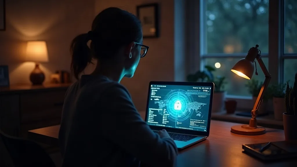 A person sitting at a home desk with a laptop, accessing files on a networked storage device via a VPN connection shown as a subtle digital overlay or lock icon glowing on the screen. Warm desk lamp l