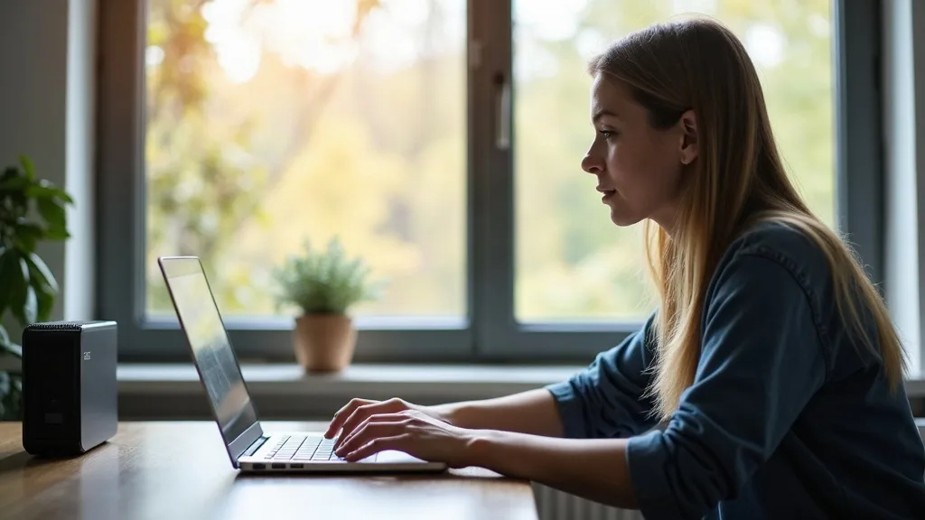 A person sitting at a home desk with a laptop, looking relaxed and focused while accessing files on a computer screen. The room is well-lit with natural daylight from a window, and a small network sto