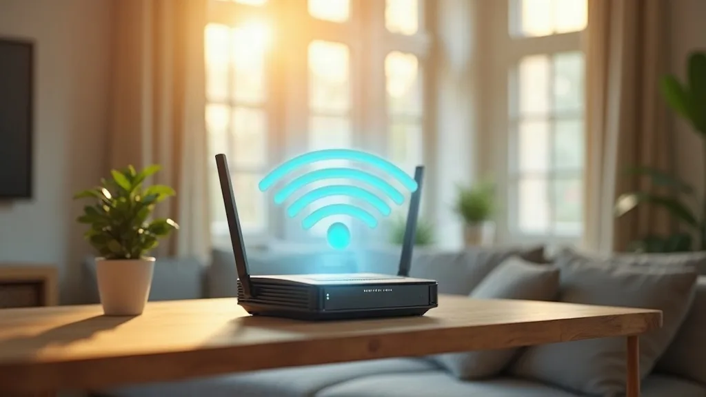 A sleek modern router positioned on a high shelf in a bright living room, with Wi-Fi signal waves radiating outward in soft blue light. Warm afternoon sunlight streams through a window, illuminating t