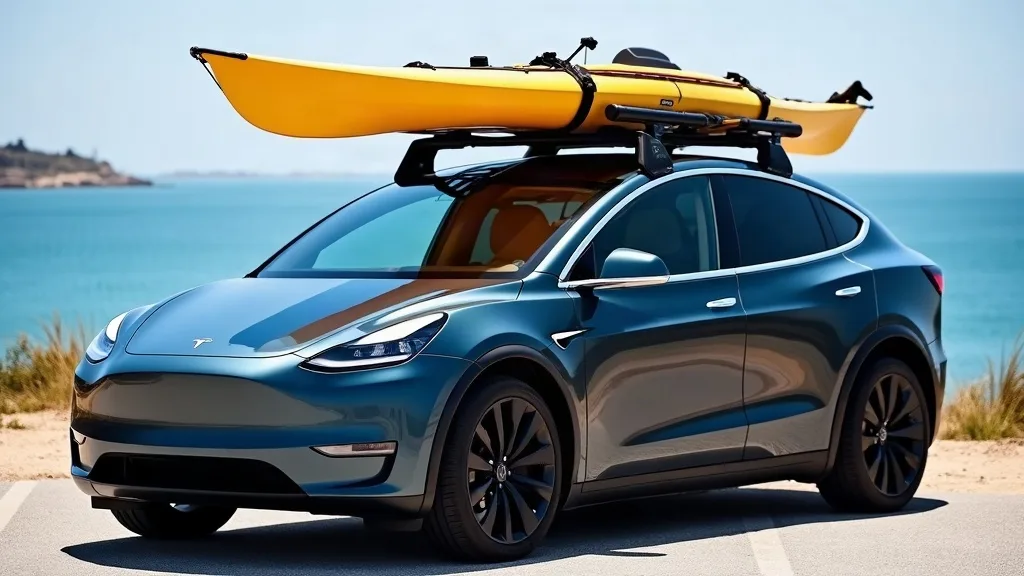 A Tesla Model Y photographed from a three-quarter front angle in bright daylight, with a black roof rack and crossbars fitted on top. A yellow kayak is secured horizontally across the roof using soft 