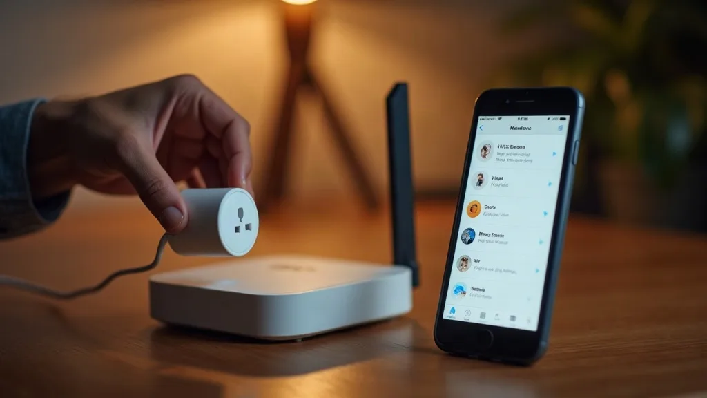 A person's hand holding a small white smart plug next to a Wi-Fi router on a wooden desk, with a smartphone displaying a Wi-Fi network list glowing softly in the foreground. Warm indoor lighting from 