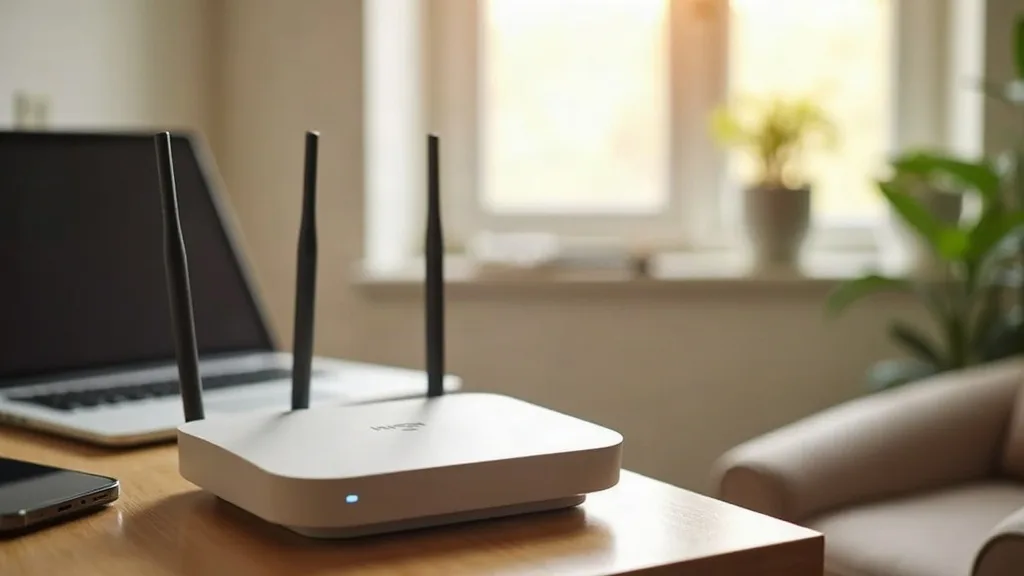 A modern Wi-Fi router sitting on a wooden side table in a bright, naturally lit home office, with a laptop and smartphone nearby showing Wi-Fi signal strength indicators. The scene has a warm, helpful