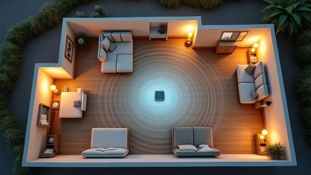 A home interior photographed from above, showing a floor plan layout of a two-storey house with a router positioned in one corner and Wi-Fi signal waves (visualised as concentric circles or soft glowi
