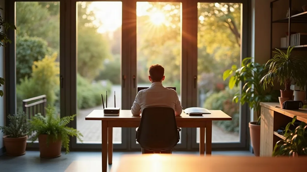 A person working at a desk in a bright, modern garden office with large windows, while a Wi-Fi router sits on a shelf inside the main house visible through glass doors in the background. Warm, natural
